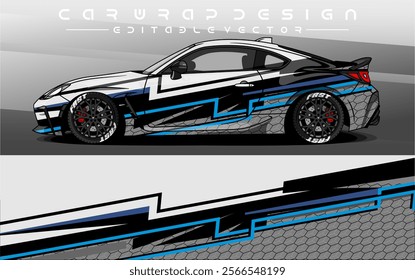 Car Livery design vector. Car wrap decal with abstract design black blue white colour. Sticker vinyl car suitable for racing, rally or dailly use