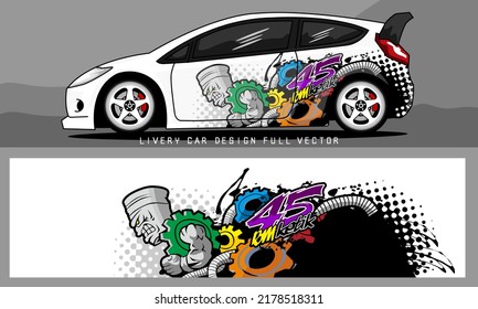vector gráfico de la liviandad del coche con la adición del pistón del motor frío y el diseño de fondo de las ilustraciones de los engranajes para el envoltorio de vinilo del vehículo y la marca del coche	