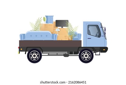 Car loaded with boxes and belongings. Concept of relocating. On a white background, isolated. Vector illustration