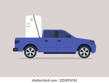 A car loaded with a fridge, a moving company, a refrigerator in a truck