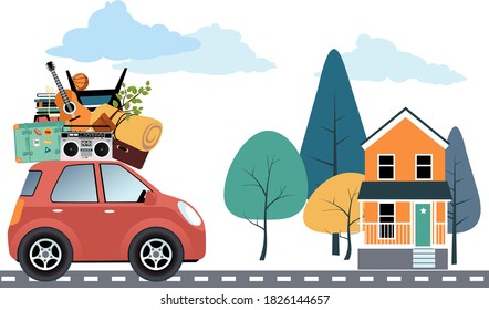 Coche cargado con artículos domésticos junto a una pequeña casa suburbana, ilustración vectorial EPS 8