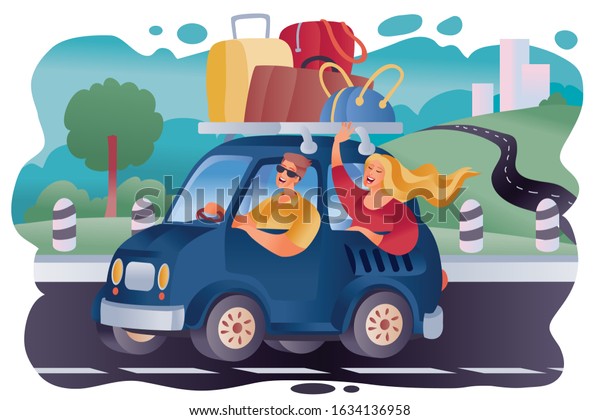 A car loaded with a large number of\
luggage from bags and suitcases rides along the road. a man and a\
woman sit in the car and enjoy their\
journey.