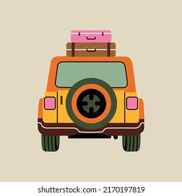 Car, loaded roof with luggage  element in modern flat line style. Hand drawn vector illustration of leisure, vacation, travel, road trip cartoon design. Vintage transportation patch, badge, emblem
