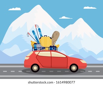 Car loaded with winter sport equipment at mountain landscape background, flat vector illustration. Winter travel and holiday recreation in ski resort in cold season.