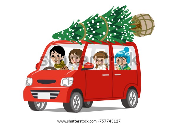 Car
loading Christmas tree on the roof - Cartoon
family