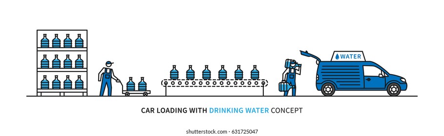 Car loading with drinking water vector illustration. Workers load potable water bottles into a car graphic design. Drinking water delivery service.
