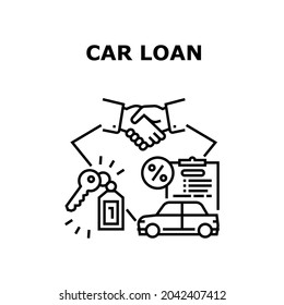 Car Loan Agreement Vector Icon Concept. Car Loan Agreement Signing Salesman And Client, Buying Automobile Successful Deal And Giving Key. Bank Credit For Buy Transport Black Illustration