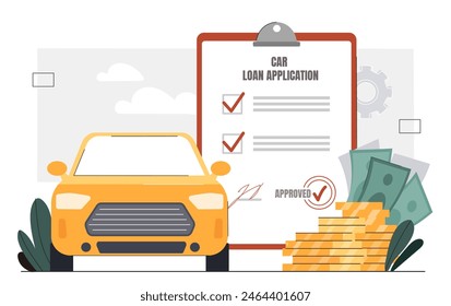 Car loan application. Car financing concept. Document next to golden coins. Loan application for Car financing. Credit agreement. Flat vector illustration isolated on white background