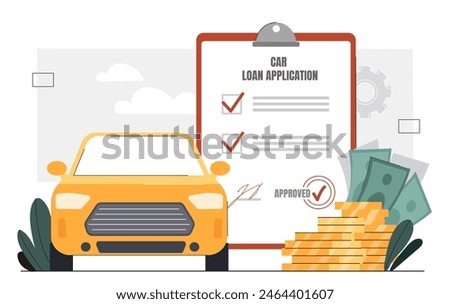 Car loan application. Car financing concept. Document next to golden coins. Loan application for Car financing. Credit agreement. Flat vector illustration isolated on white background