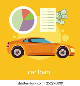 Car loan approved document with dollars money. Modern car on stylish background in flat cartoon design style