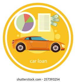 Car loan approved document with dollars money. Modern car on stylish background in flat cartoon design style