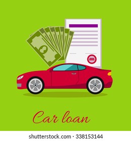 Car loan approved document with dollars money concept. Modern car on stylish background in flat cartoon design style. Loan, car, auto loan, buying a car, new car, car finance, car keys