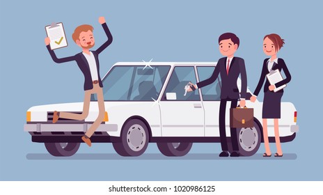 Car loan approved. Happy young man exited when got a bank authorization, customer and agents after document acceptance, jumping with joy to get a new auto. Vector flat style cartoon illustration