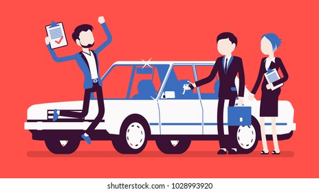 Car loan approved. Happy young man exited when got a bank authorization, customer and agents after document acceptance, jumping with joy to get a new auto. Vector illustration with faceless characters