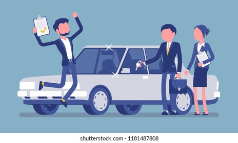 Car loan approved. Happy young man exited when got a bank authorization, customer and agents after document acceptance, jumping with joy to get a new auto. Vector illustration, faceless characters