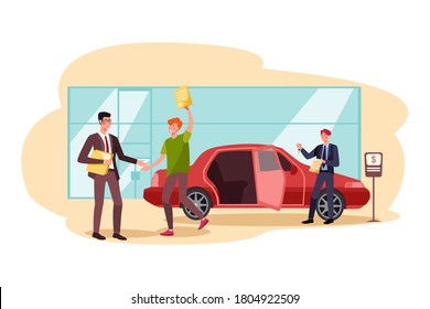 Car loan approved. Happy young man exited when got a bank authorization, customer and agents after document acceptance vector illustration concept.