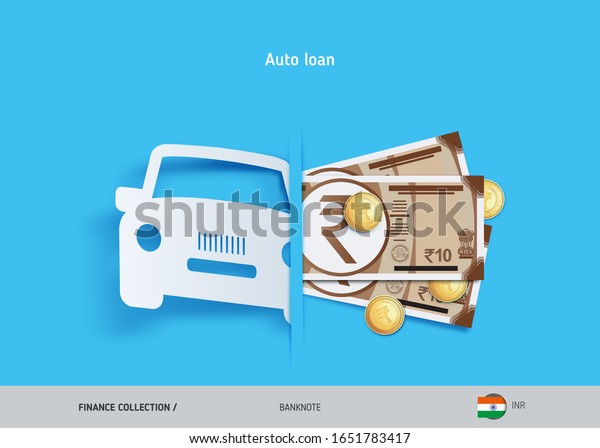 Car loan concept. 10 Indian Rupee\
banknotes and gold coins . Flat style vector\
illustration.