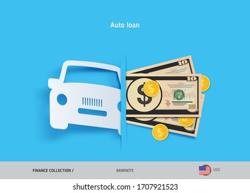 Concepto de préstamo de Camión. Billetes en dólares estadounidenses y monedas en oro. Ilustración vectorial de estilo plano.