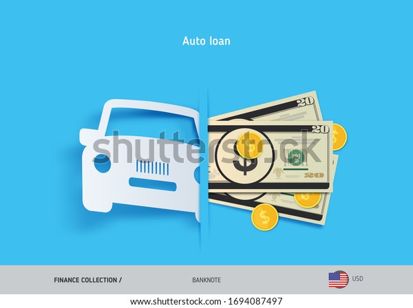 Car loan concept. 20 US Dollar\
banknotes and gold coins . Flat style vector\
illustration.