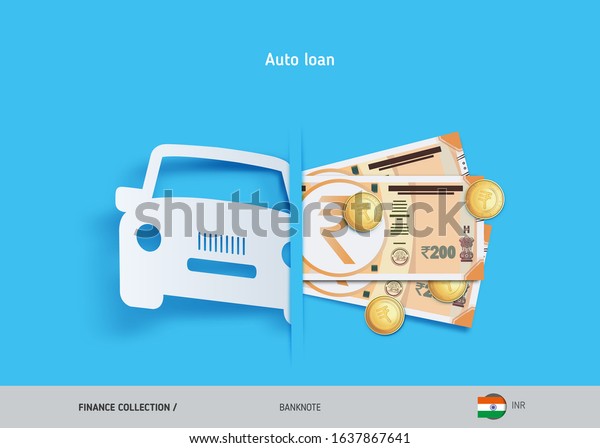 Car loan concept. 200 Indian\
Rupee banknotes and gold coins . Flat style vector\
illustration.