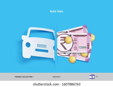 Car loan concept. 2000 Indian Rupee banknotes and gold coins . Flat style vector illustration.