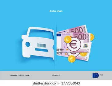 Car loan concept. 500 Euro banknotes and gold coins . Flat style vector illustration.