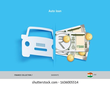 Car Loan Concept. 500 Indian Rupee Banknotes And Gold Coins . Flat Style Vector Illustration.