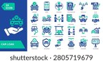 Car Loan icon collection set. Car Mileage,Car App,Selling Skills,Vehicle Registration. Glyph Color vector icons