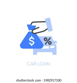 Car loan symbol with a car and a hand holding a bag of money. Easy to use for your website or presentation.