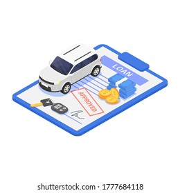 Car loan vehicle rental concept  Vector isometric isolated illustration white background 