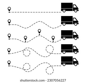 Car with location pin set. Truck silhouette driving on dotted path collection. Delivery automobile concept. Vector illustration isolated on white.