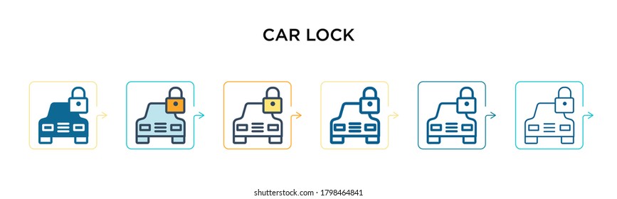 Icono vectorial de bloqueo de auto en 6 estilos modernos diferentes. Iconos de bloqueo de coches negros, de dos colores, diseñados en el estilo relleno, contorno, línea y trazo. La ilustración vectorial se puede usar para web, móvil, ui