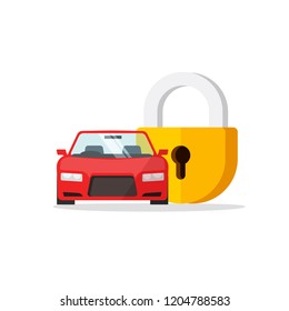 Car lock vector illustration, flat cartoon automobile and closed padlock icon, concept of auto protection, vehicle security system sign, anti theft technology isolated clipart