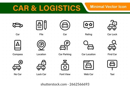 Iconos del coche y de la logística en estilo fino moderno de la línea. Cubre el alquiler de vehículos, los servicios de transporte, los viajes por carretera, la navegación, el combustible, el mantenimiento y la logística relacionada con el automóvil.