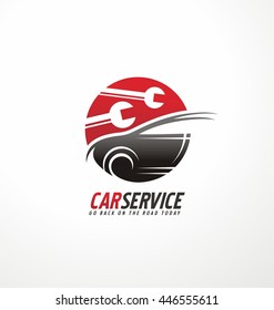 Car logo concept with car silhouette and wrench tools in negative space.