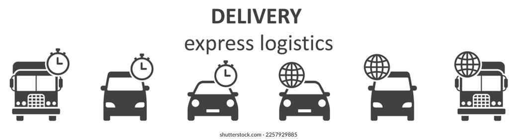 Entrega del logotipo del coche, set. Símbolo logístico, servicios de reubicación rápida, distribución. Compañía de transporte de carga. Ilustración vectorial.