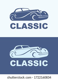 diseño del logotipo del automóvil con la silueta de icono de vehículos clásica y vintage conceptual
 sobre fondo retro. Ilustración vectorial.