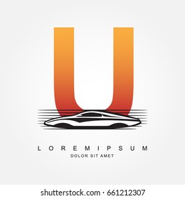 Car logo design with concept combination sports car and alphabet U. Automotive Logo Concept . Vector Illustration