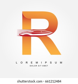Car logo design with concept combination sports car and alphabet R  . Automotive Logo Concept . Vector Illustration