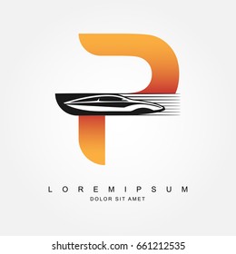Car logo design with concept combination sports car and alphabet P . Automotive Logo Concept . Vector Illustration