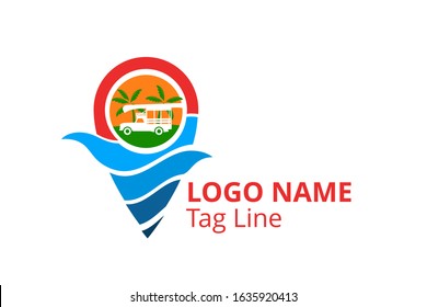 car logo design leaving beach in tropical island concept icon for touring trip travel tourism agency. Summer holiday logo with ocean, tree. shape like pin point.