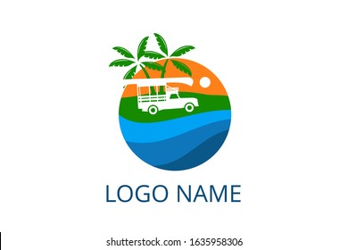 car logo design leaving beach in tropical island concept icon for touring trip travel tourism agency. Summer holiday logo with ocean, tree. 