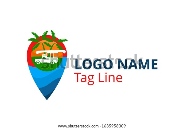 car logo design leaving beach\
in tropical island concept icon for touring trip travel tourism\
agency. Summer holiday logo with ocean, tree. shape like pin\
point.
