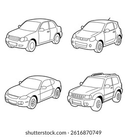 Car logo icon, motor vehicle silhouette symbol. Element, design, identity, brand, dealer, garage, car. Vector illustration.Big set outline car icons, different types of transportation.