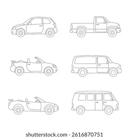 Car logo icon, motor vehicle silhouette symbol. Element, design, identity, brand, dealer, garage, car. Vector illustration.Big set outline car icons, different types of transportation.