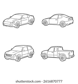 Car logo icon, motor vehicle silhouette symbol. Element, design, identity, brand, dealer, garage, car. Vector illustration.Big set outline car icons, different types of transportation.