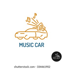 MusicÂ� car logo. Linear style vehicle silhouette with sub woofer and notes.