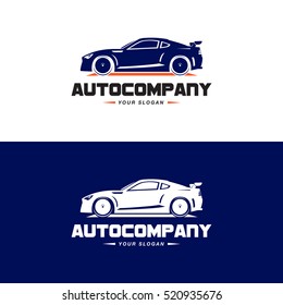 Car Logo Vector Illustration. Auto Company logotype design concept with dark blue color sports car silhouette. High speed automobile illustration on black and white background.