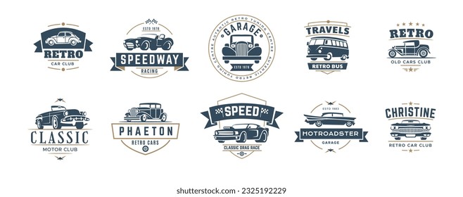 Car logo. Vintage auto emblem. Classic retro wheel. Old race with motor elements. American repair label. Automobile club badge. Transport garage. Bus travel symbol. Vector design icons set