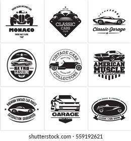 car logos, retro style vevtor labels, badges and icons set